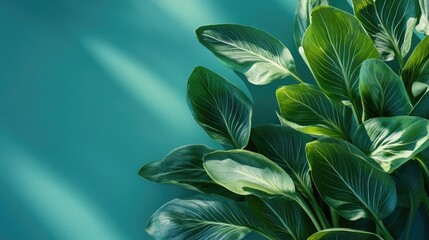 Obraz premium Fresh bok choy leaves with vibrant green hues against a teal background creating a serene botanical atmosphere.
