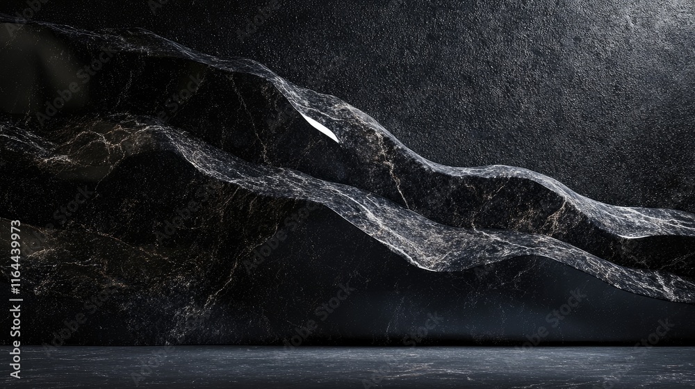 Poster black granite wave texture on dark background with copy space for modern futuristic design elements 