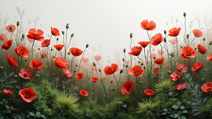 Fototapeta premium Ethereal Red Poppy Field, Dreamlike Landscape of Crimson Flowers and Silver Hues