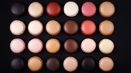 Colorful Assortment of Macarons Arranged in Rows on a Black Background Displaying Various Flavors and Textures
