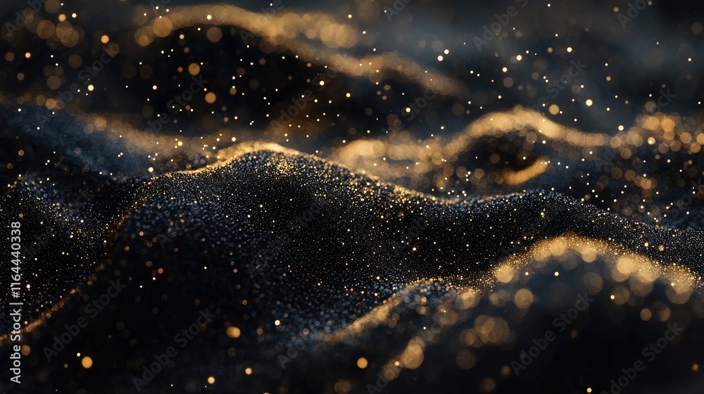 Poster golden particles shimmering on a textured black background with a soft bokeh effect creating a mesme