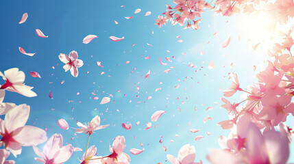A beautiful blue sky with pink flowers and pink petals falling from the flowers