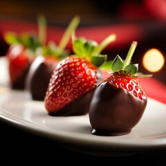 Delicious chocolate-covered strawberries arranged elegantly on a plate, perfect for desserts and special occasions.
