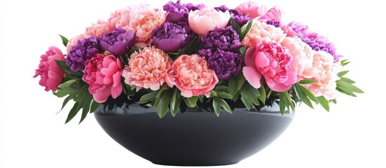 Obraz premium Vibrant peony bouquet in a stylish black vase ideal for home decor or special events showcasing floral elegance and beauty.