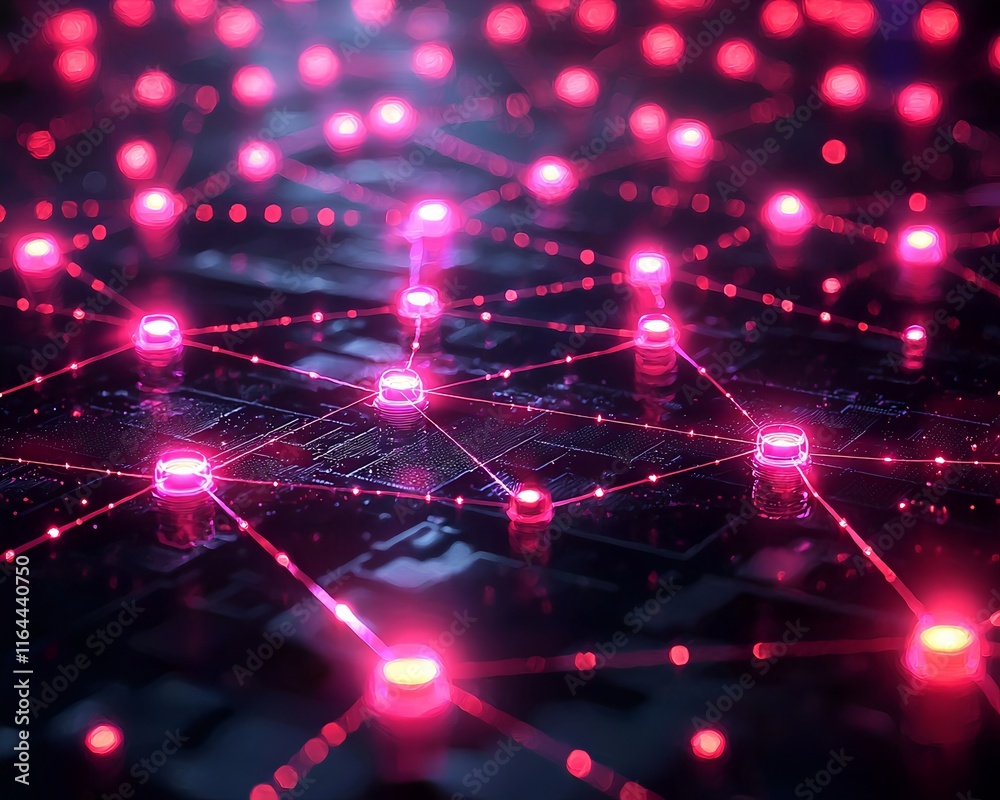 Poster quantum internet concept abstract visualization of connected nodes with neon lighted lines