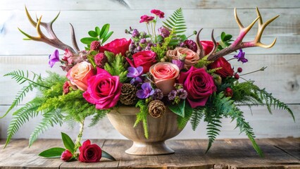 Obraz premium Stunning floral arrangement with antlers, vibrant roses, and lush greenery in a wooden bowl