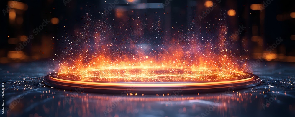 Poster quantum computing device with holographic entangled particles in futuristic high tech environment