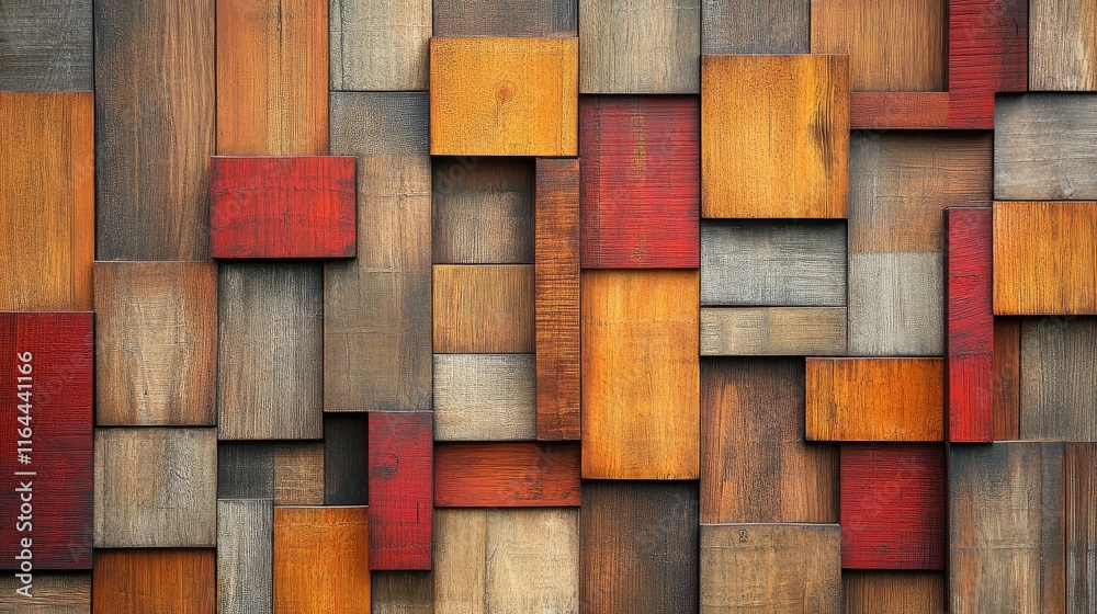 Poster textured wooden panels in various colors and shapes creating a rustic and artistic background design