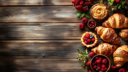 Fototapeta premium Delicious Croissants and Berry Pastries on Wooden Table