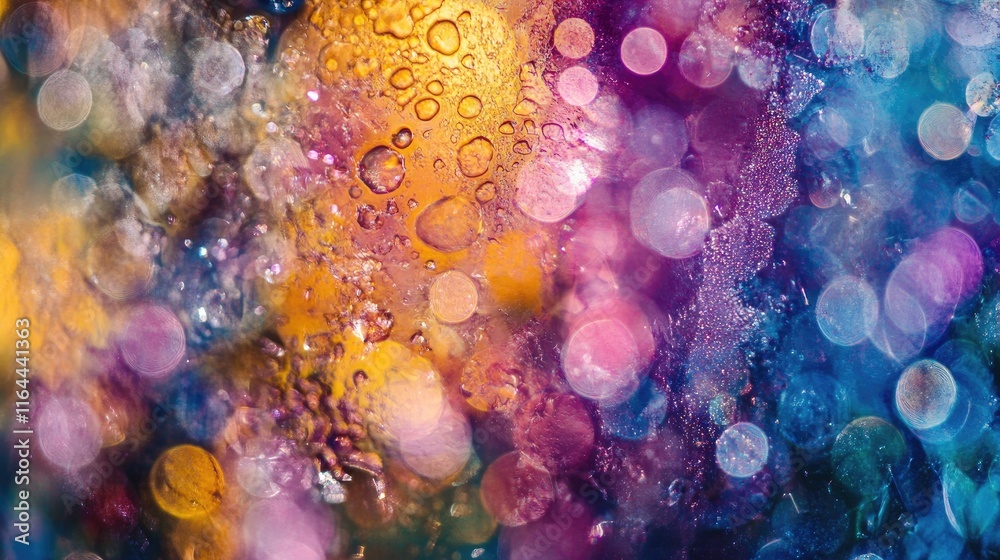 Poster colorful bokeh abstract background with bright defocused circular light and raindrop texture shimmer