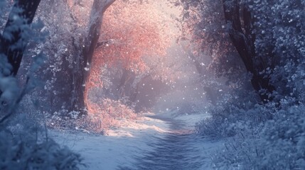 Naklejka premium Enchanting winter landscape featuring snow-covered trees along a serene path winding through a tranquil forest scene.