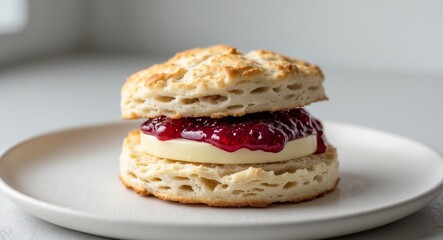 Delicious Homemade Biscuit with Cream and Berry Jam on Plate.