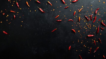 Chili peppers scattered on a black background highlighting the essence of spicy cuisine and vibrant flavor themes in food photography