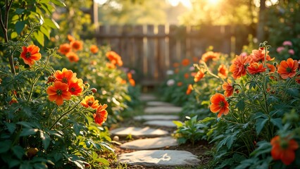 Vibrant Orange Blossom Garden Path, Delicate Cherry Tomato Flowers in Golden Sunlight, Lush Green Foliage, Rustic Stone Walkway, and Lichen-Covered Wooden Fence