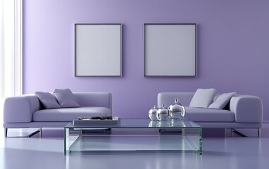 Modern purple living room with two sofas, glass coffee table, and blank frames.