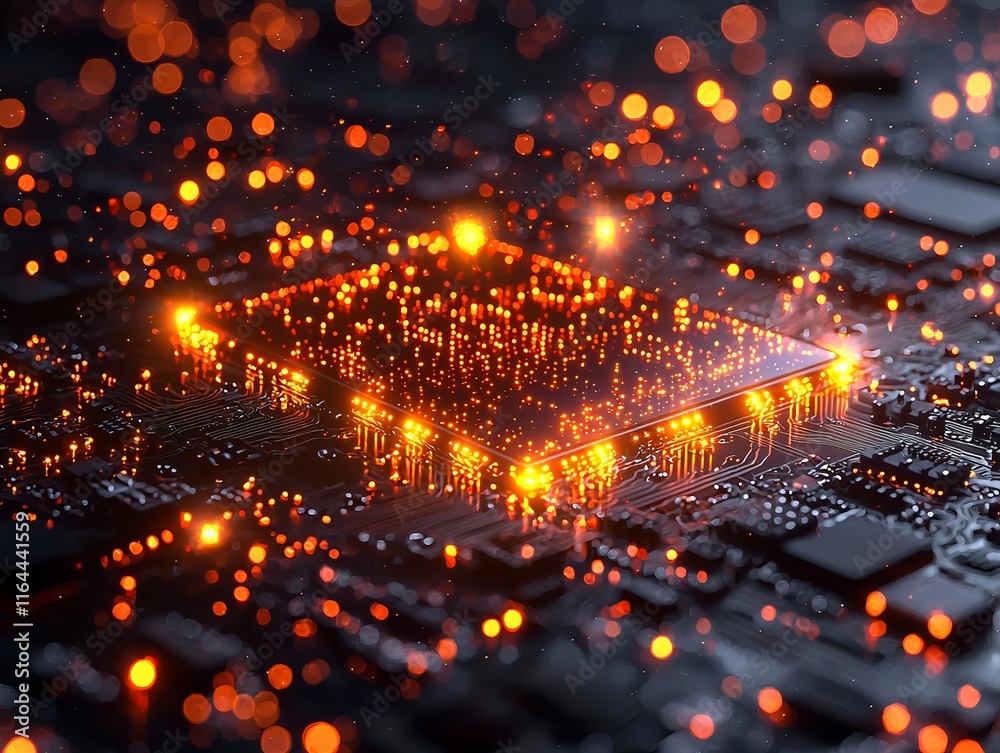 Poster quantum processor with glowing and flowing data particles concept of secure quantum communication