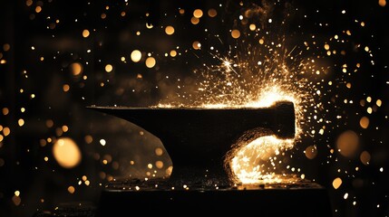 Dramatic Black Anvil Illuminated by Fiery Sparks Against a Dark Background