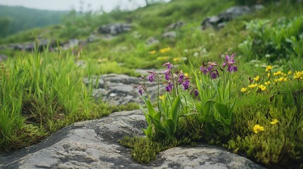 Black Bee Orchid Blossoming Amongst Lush Greenery and Rocky Terrain in Natural Landscape