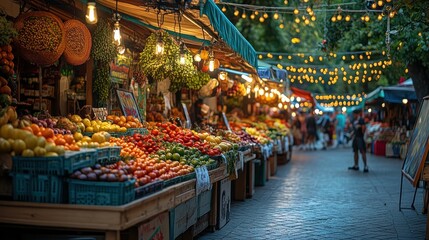 Vibrant market scene filled with fresh fruits and vegetables under decorative lights.