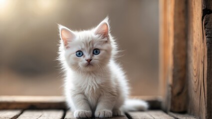 Obraz premium Curious Kitten with Blue Eyes on Wooden Surface.