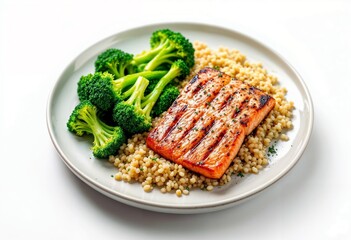 A healthy and appealing meal consisting of grilled salmon, fluffy grains, and vibrant broccoli, beautifully presented on a white plate.