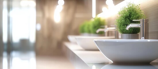 Elegant restroom with modern fixtures and minimalist design creating a calming atmosphere enhanced by green plants and soft lighting