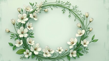 Fototapeta premium Serene White Floral Wreath, Delicate Blooms & Mint Green Background with Text Space