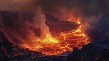 Active volcanic landscape with flowing lava and steam rising, showcasing the raw power of nature at a geothermal site.