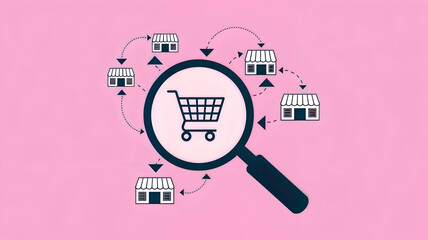 E-commerce Store Network Concept.
Magnifying glass focusing on a shopping cart surrounded by store icons, representing online shopping and retail connections.