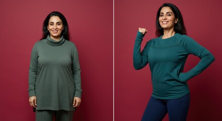 Confident middle eastern woman in activewear and casual outfit on red background