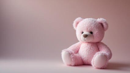 there is a pink teddy bear sitting on a pink surface