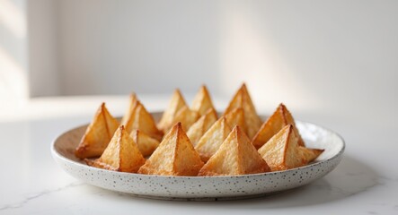 Plate of crispy triangular golden pastries arranged on a speckled dish.