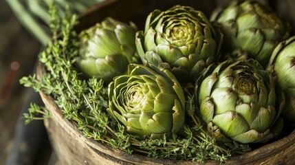 Obraz premium Fresh artichokes displayed in a rustic bowl garnished with vibrant thyme leaves ideal for cooking and culinary presentations
