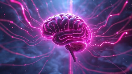 Fototapeta premium Glowing Pink Human Brain Neural Network AI Art, Abstract Mind Power Concept