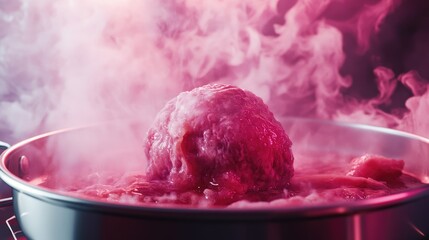 Obraz premium Steam rising from a large meatball cooking in a bubbling pot creating a vibrant culinary scene.