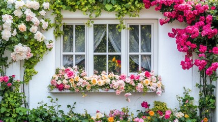 Charming floral window display with vibrant roses and lush greenery creating a picturesque and inviting ambiance in a sunny setting