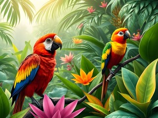  A vibrant jungle scene with exotic plants and colorful birds.