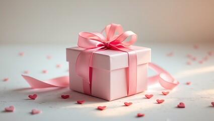 Pink Gift Box With Pink Ribbon And Hearts.