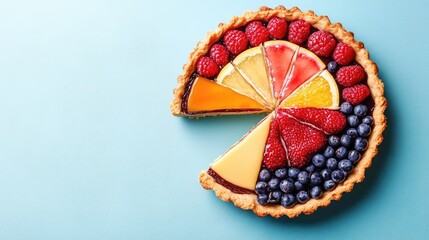 Fruit tart with assorted berries and citrus slices on a light blue background showcasing a healthy dessert for calorie-conscious diets.