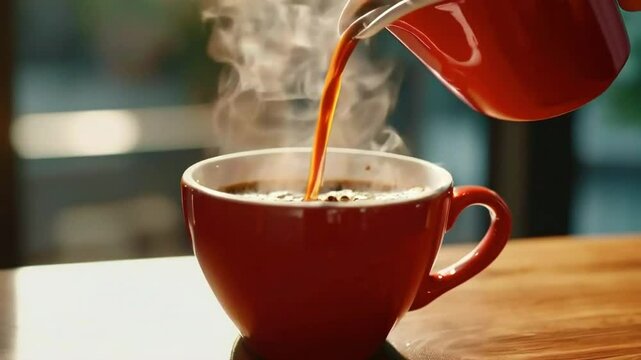 Red cup filling with hot steaming coffee from a red pot.