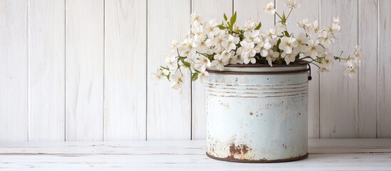 Obraz premium Charming enamel canister with blooming cherry flowers on a rustic wooden table enhancing home decor aesthetic and inviting spring vibes