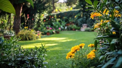 Vibrant yellow flowers blooming in a lush garden surrounded by greenery and colorful plants under bright sunlight
