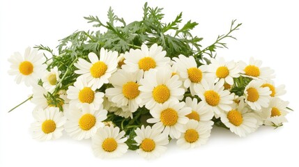 Freshly picked chamomile daisies with green foliage on a white background, symbolizing natural beauty and herbal wellness.