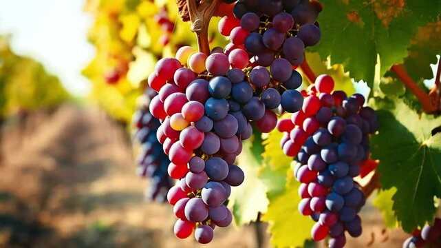 Ripe red and blue grapes hanging on vine in vineyard.