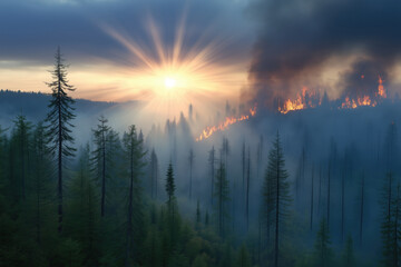 Obraz premium Forest fire in the mountains at sunset. Natural disaster, forest fire