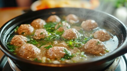 Savory boiled meatballs in spicy broth garnished with fresh herbs served in a steaming bowl for a delicious dining experience