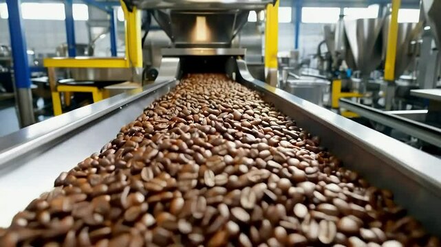Roasted coffee beans on a conveyor belt in a processing plant.