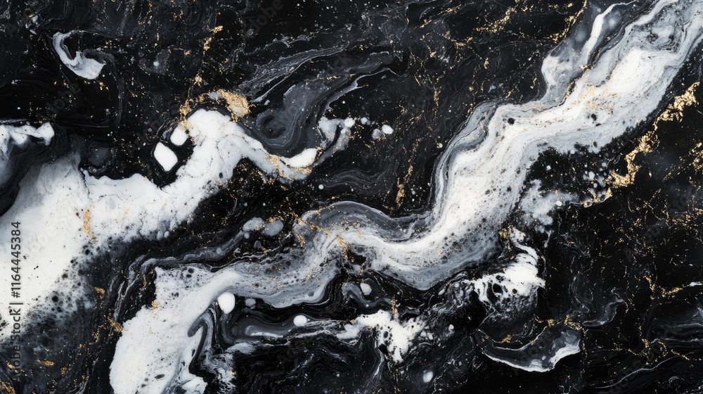 Wall mural black anthracite marble surface with white and gold swirls creating a unique abstract texture for el