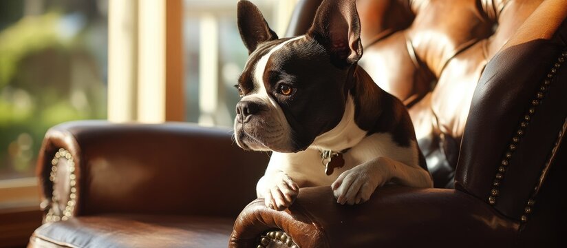 Boston Terrier lounging on a luxurious leather chair looking pensively out the window in a sunlit indoor setting - Powered by Adobe