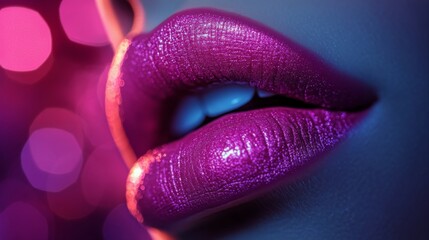 Obraz premium Close-up of woman applying vibrant lip color with pencil in beauty studio setting